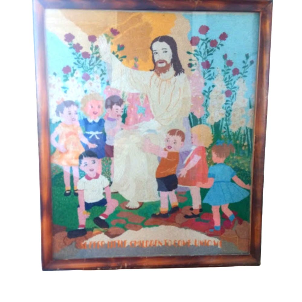 1951 Signed Crewel Cross Stitch Finished Jesus With Children 10x13